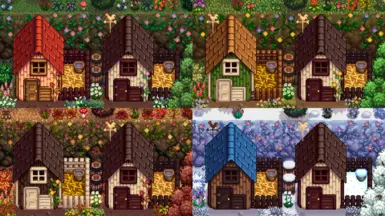 In-game demonstration of a randomly customized Coop (left) and the default Deluxe Coop (right) through the seasons.