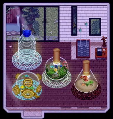 (1.1.2~) GIF - raining - day (let's just say the fish tanks are aerated + filtered by magic circles) - now that i look at the red-black circle again, they look a little like ceramic/electric hobs (+ temperature regulation &#92;o/)